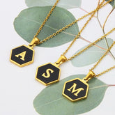 Aurora Hexagon Black Gold Initial Necklace